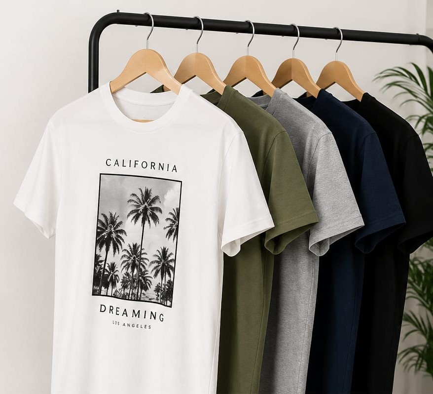 T-SHIRTS STYLE.COMFORT.EVERYDAY. Stylish Men's T-shirt collection on wooden Hangers